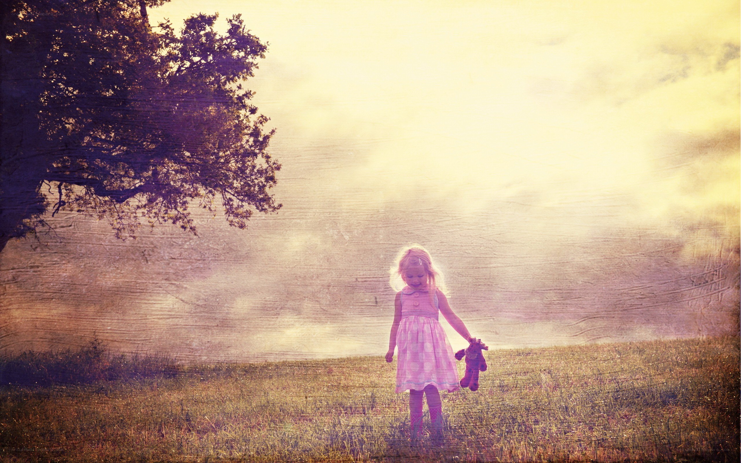 Child with teddy bear in field