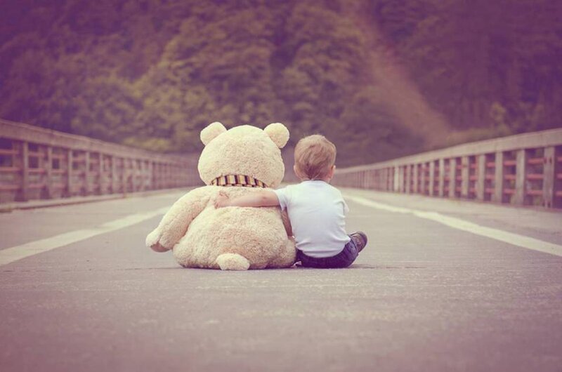 Child with Teddy Bear — Purple, Serene