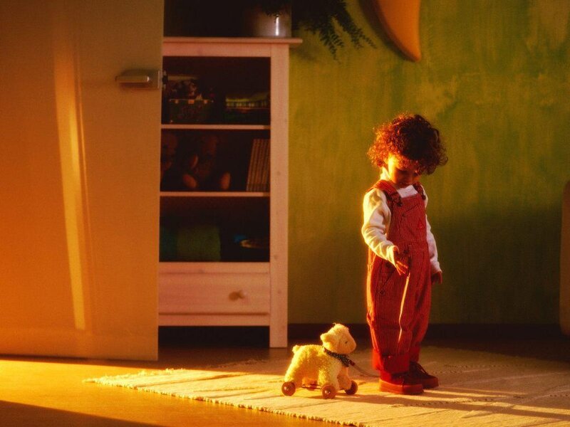child with toy lamb in sun