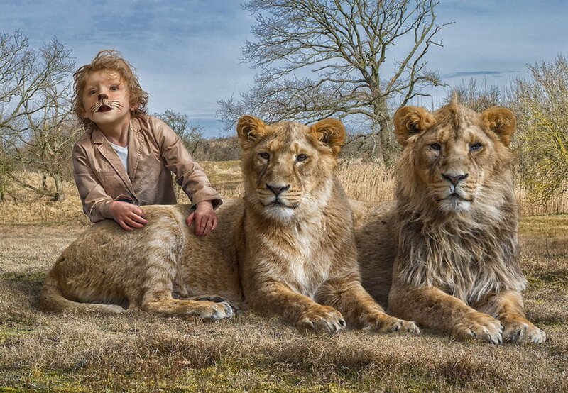Child with Two Lions — Brown