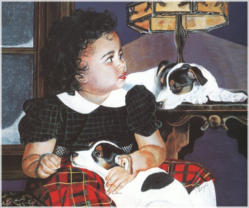 child with two puppies