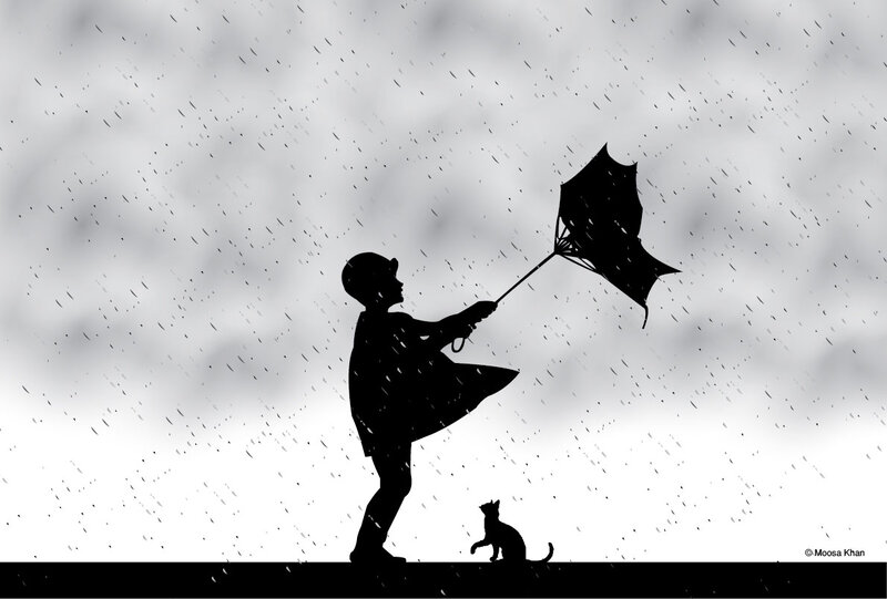 Child with Umbrella — Black, Dramatic