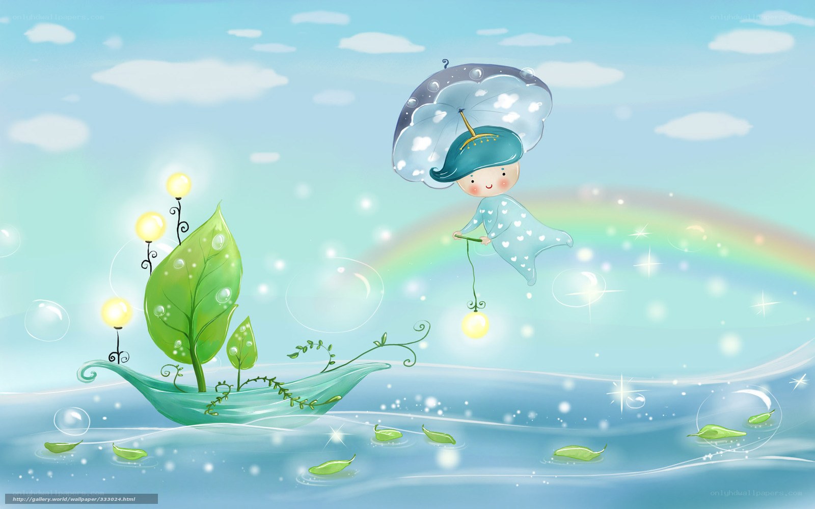 Child with umbrella in dreamy landscape