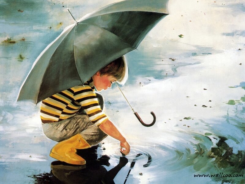 child with umbrella in puddle