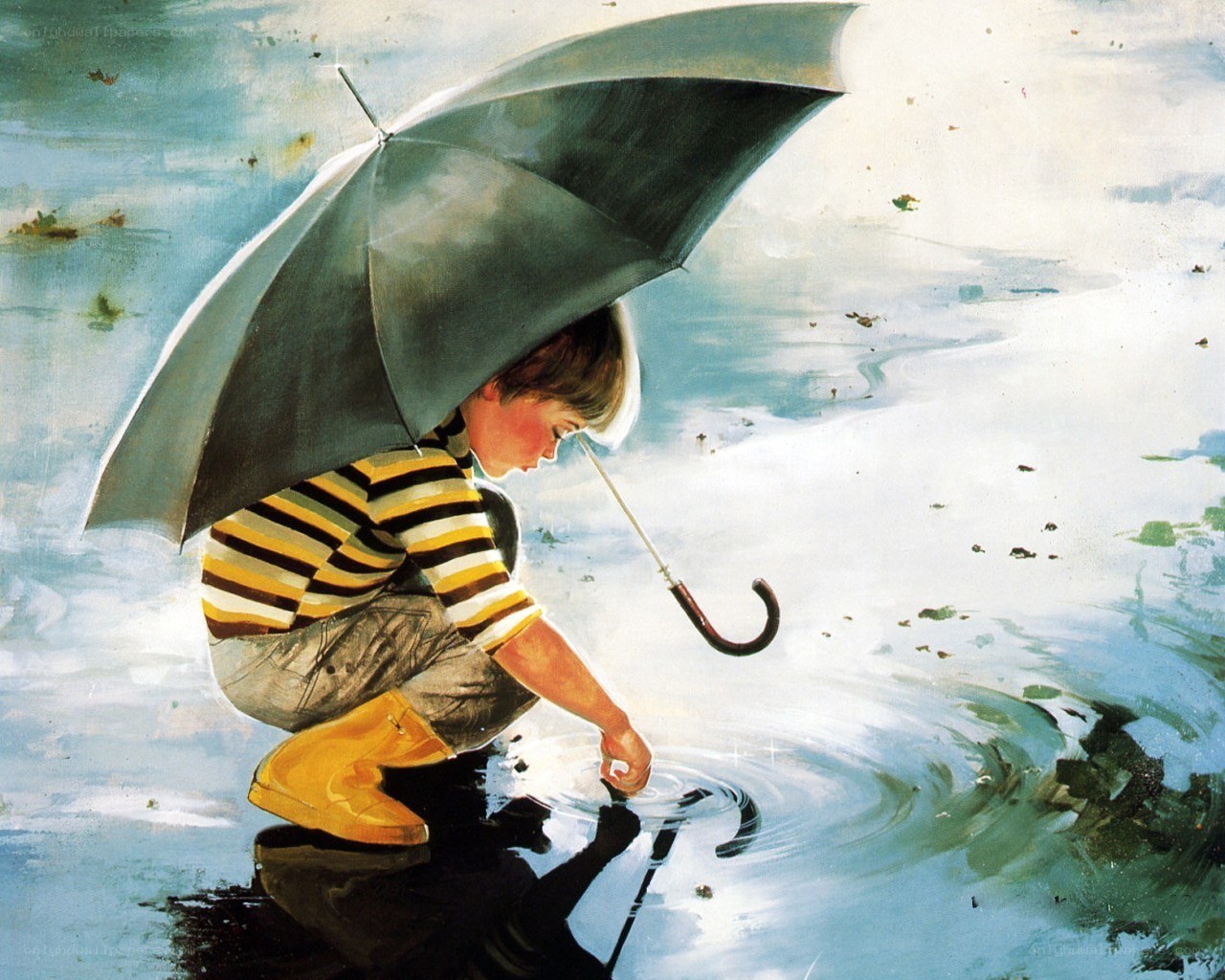 child with umbrella in puddle