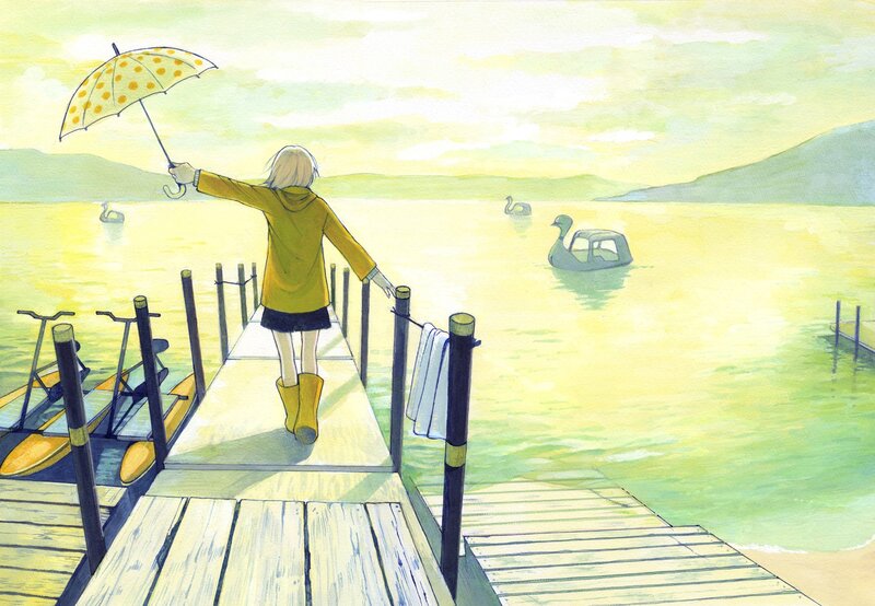 Child with umbrella on dock