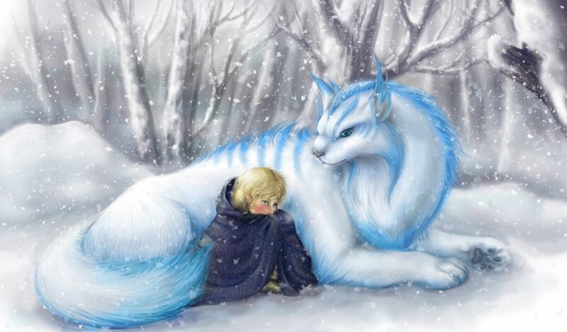 Child with White Fox — Serene, Winter, Digital Art