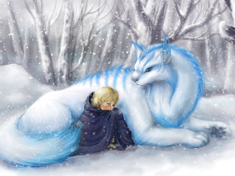 Child with White Fox — Serene, Winter