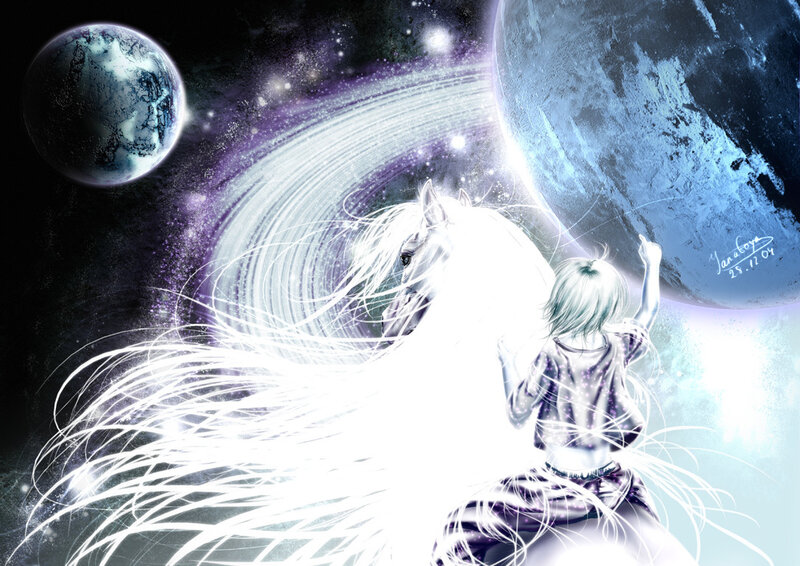 Child with white horse in space