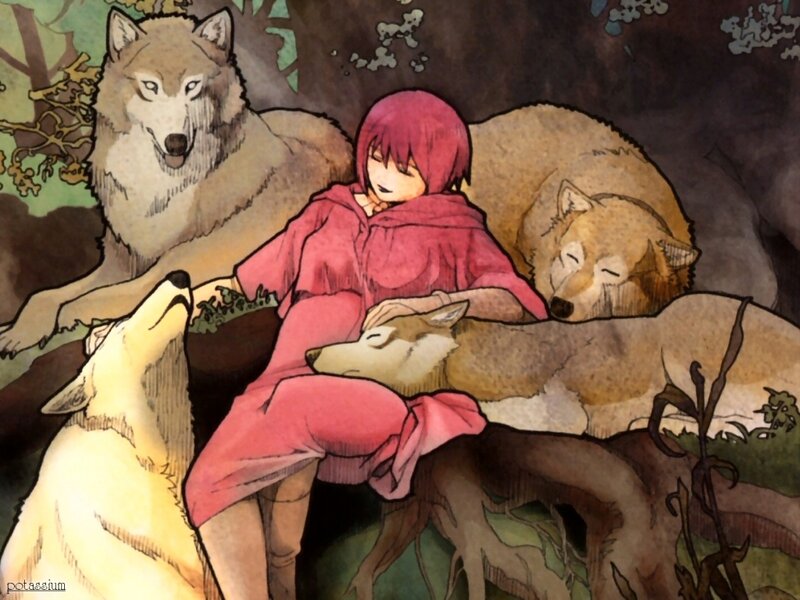 child with wolves in forest