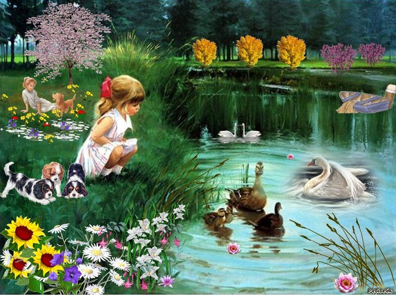 Children and animals by a pond