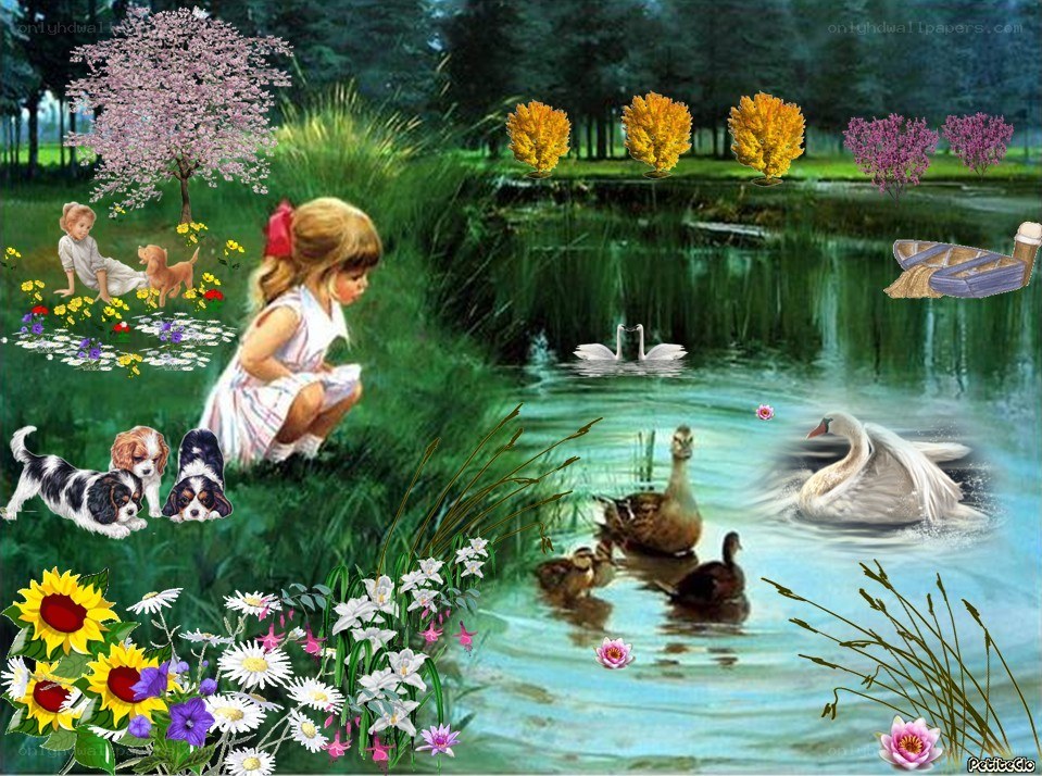 Children and animals by a pond