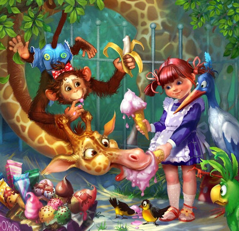 Children and animals with ice cream