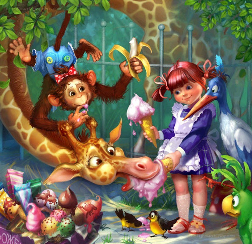 Children and animals with ice cream