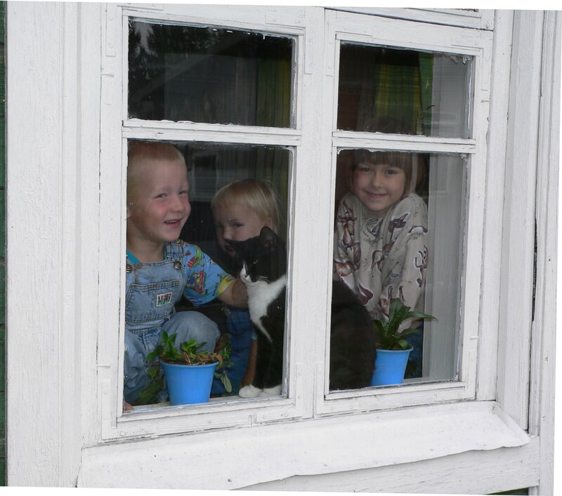 Children and Cat in Window