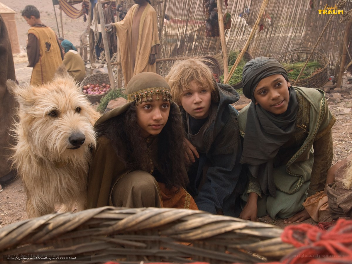 children and dog in market
