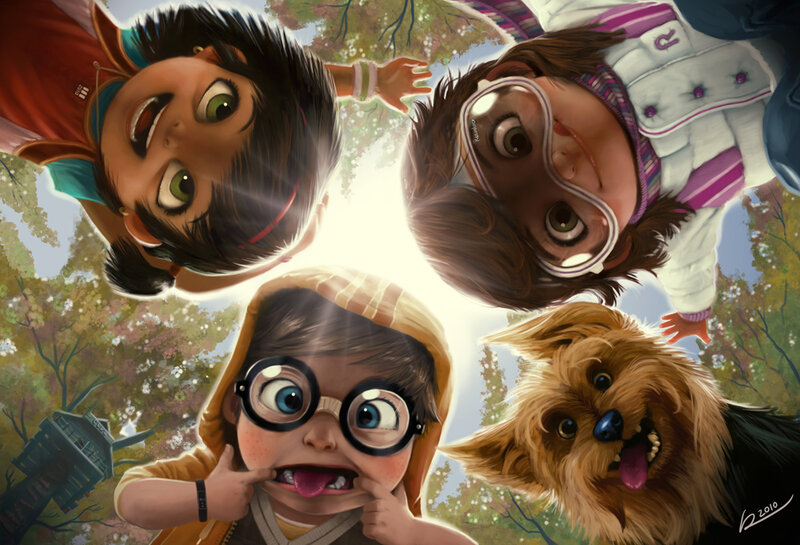 Children and Dog Looking Down — Brown