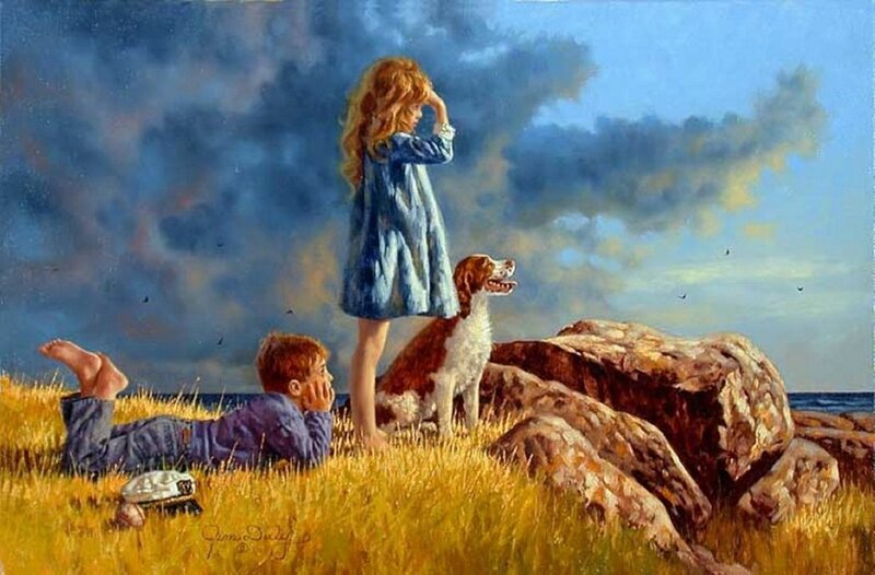 Children and Dog on Cliff