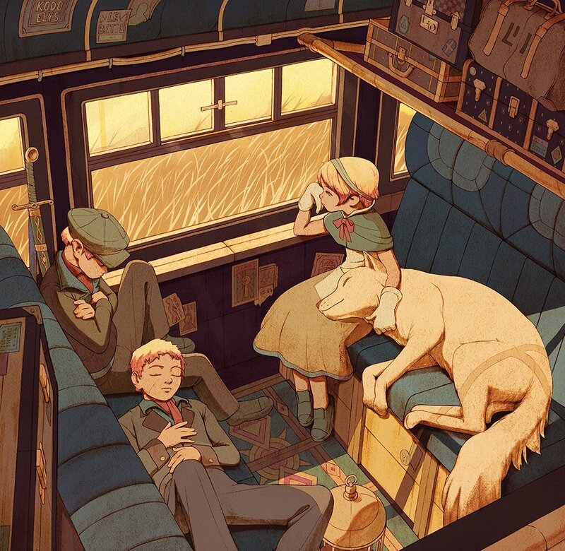 Children and Dog on Train