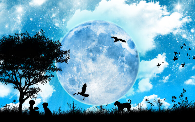 Children and Dog under Moon