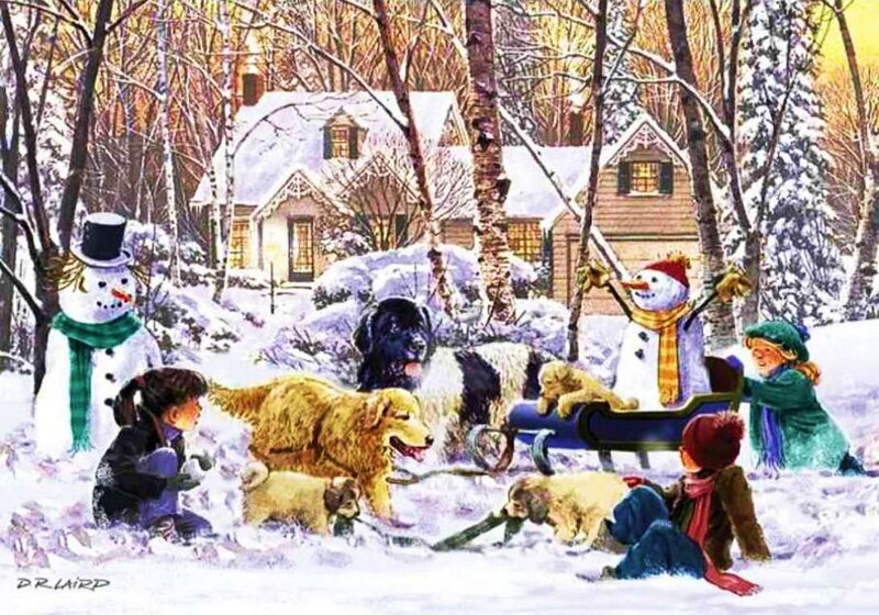 Children and Dogs in Snow — White