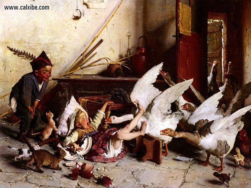 Children and geese in a barn