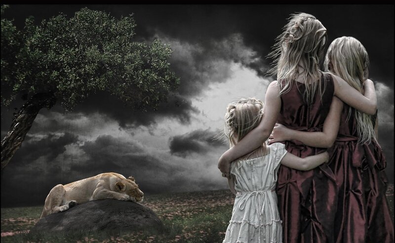 Children and lioness in storm