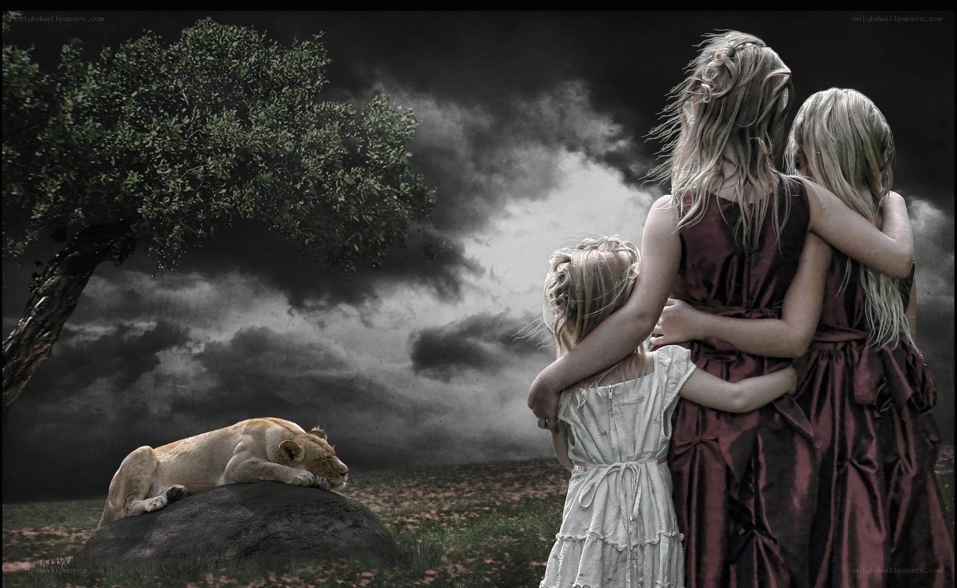Children and lioness in storm
