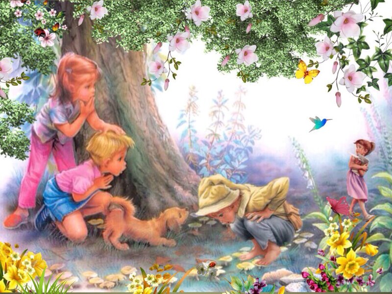 Children and Puppy in Garden