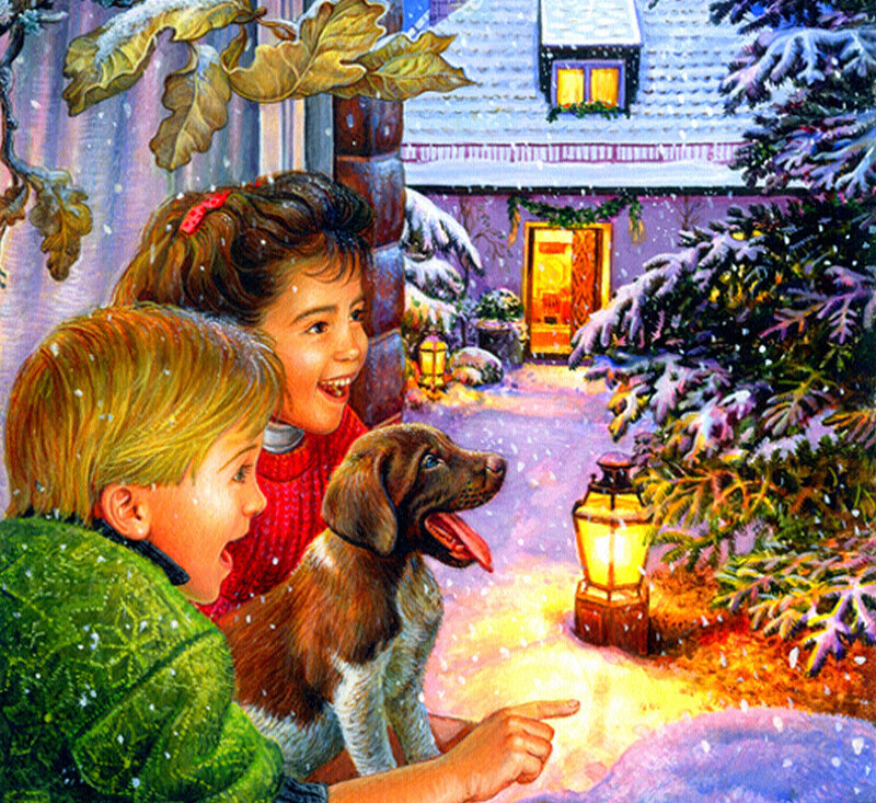 Children and Puppy in Snow