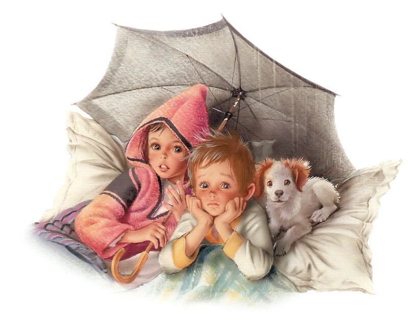 Children and Puppy under Umbrella