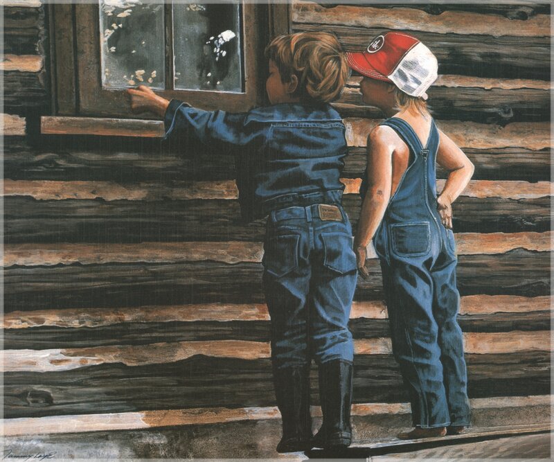 Children at a cabin window