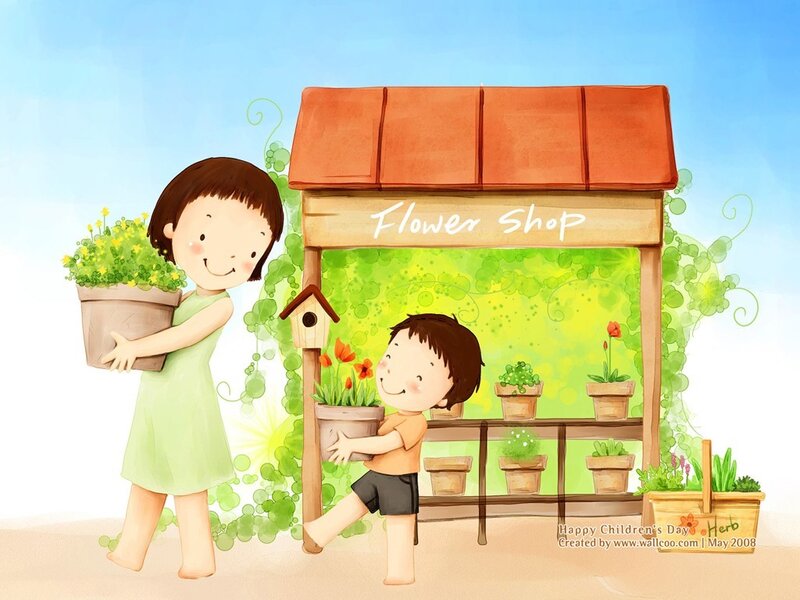 Children at a flower shop
