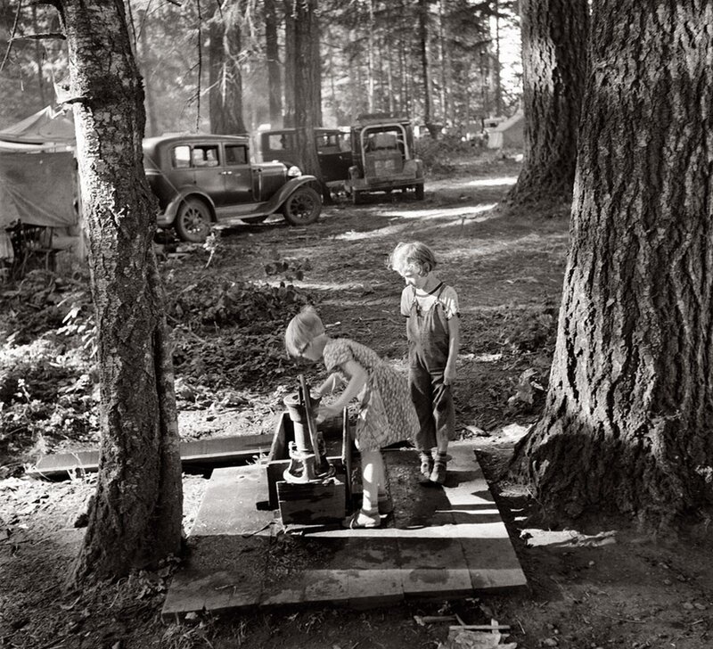 Children at a forest campsite