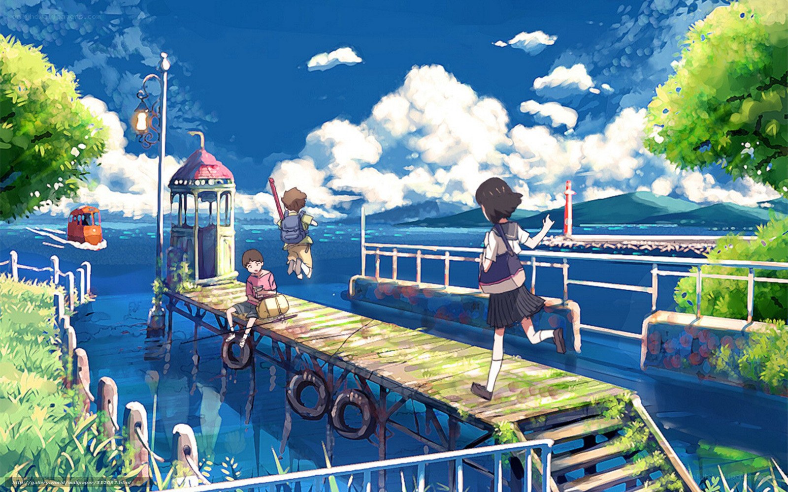 Children at a lakeside pier