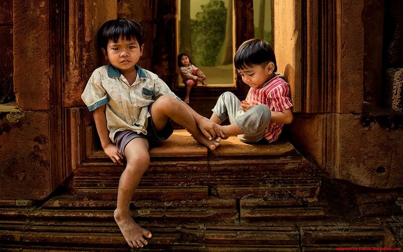 Children at ancient temple steps