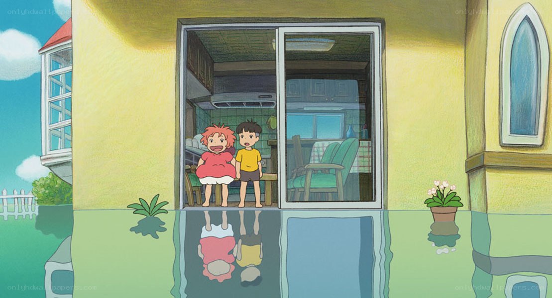 children at flooded house door