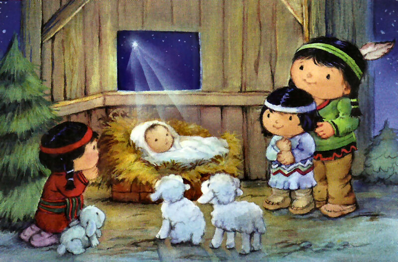 Children at Nativity Scene — Brown