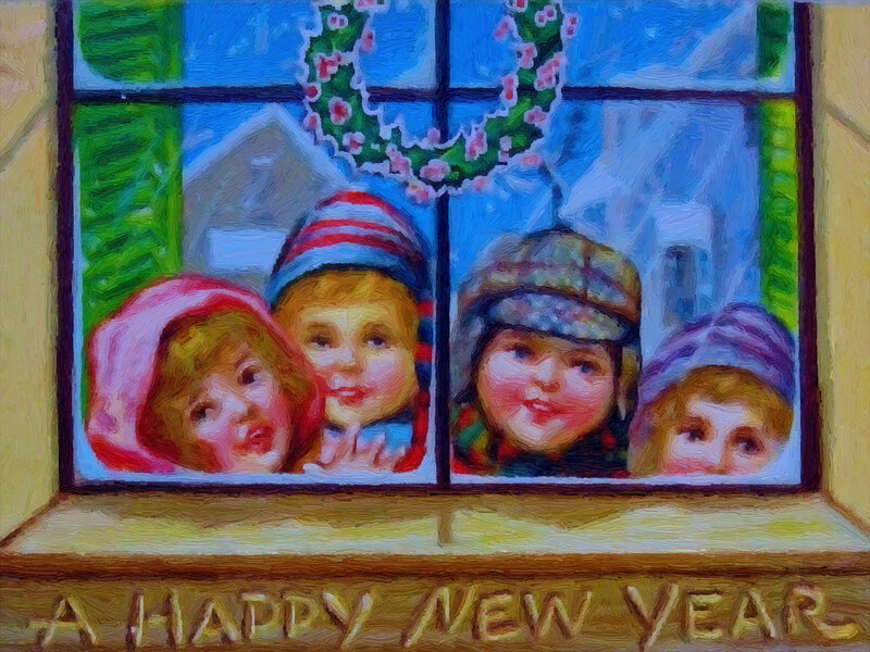 Children at Window — Blue, Festive