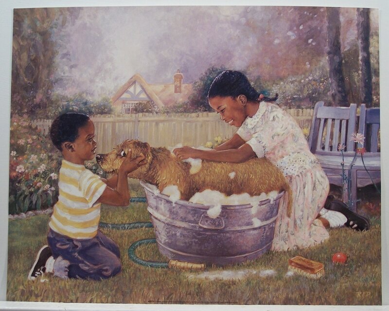 Children bathing a dog in garden