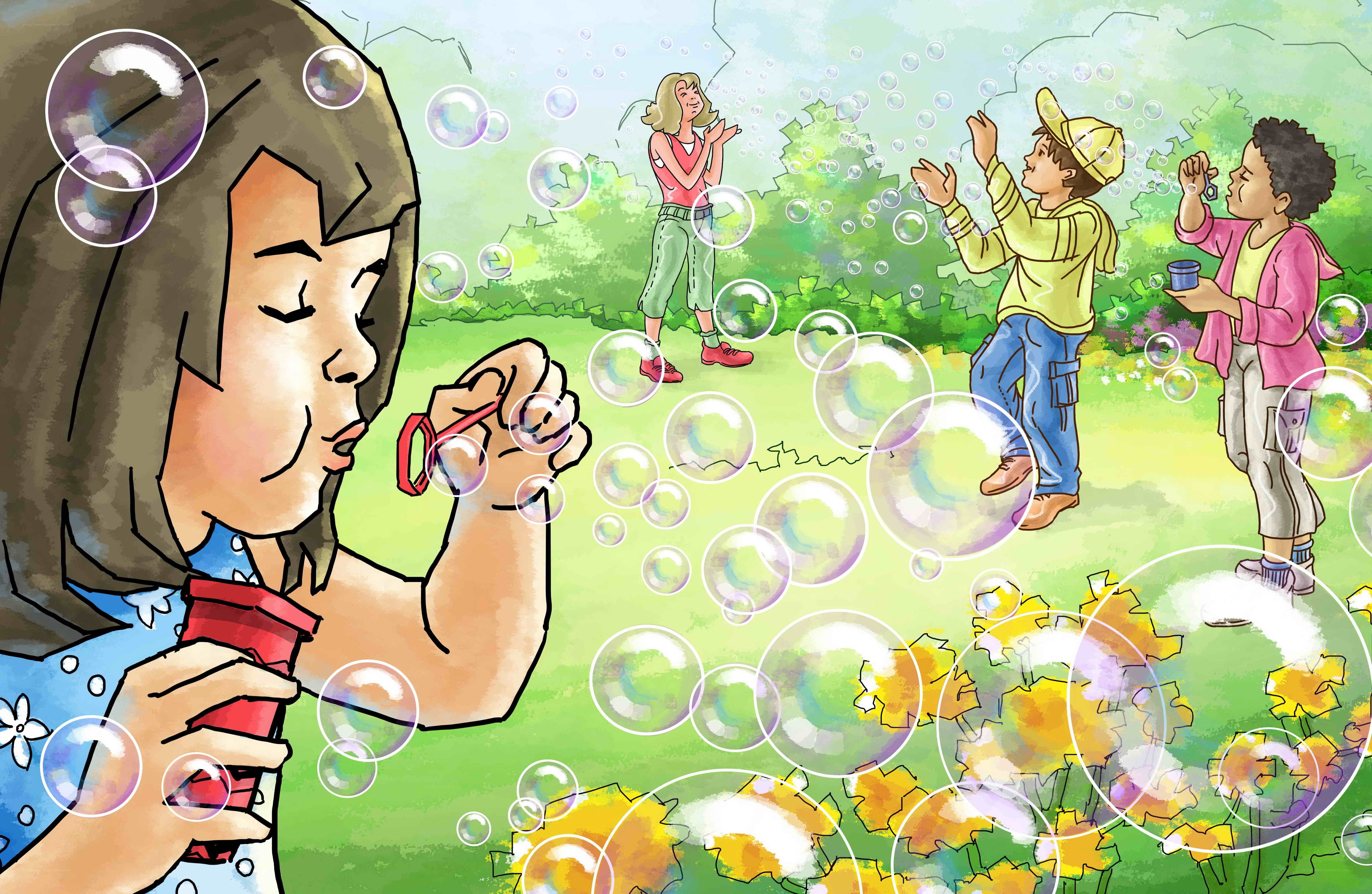 Children blowing bubbles in a park