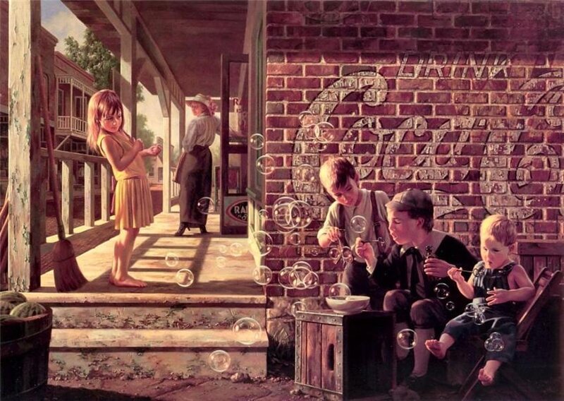 Children blowing bubbles on a porch