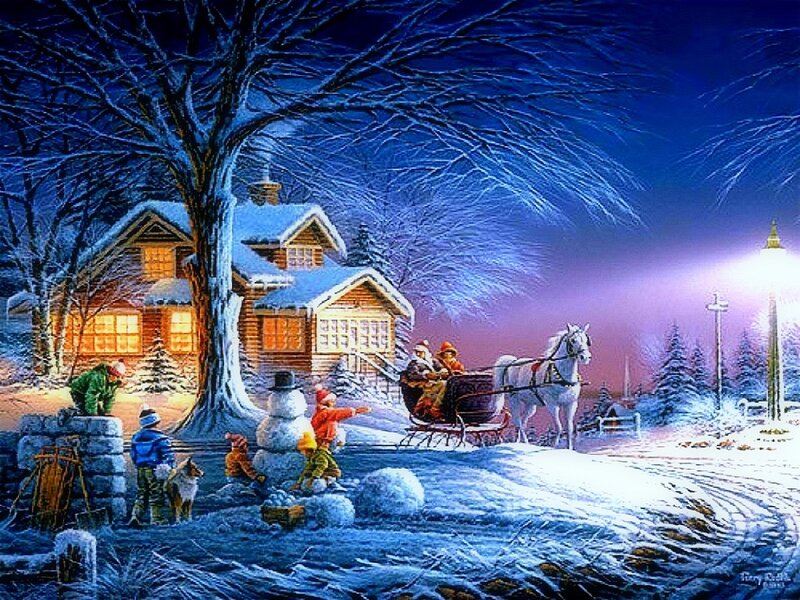 Children Building Snowman — Blue, Festive, Night, Digital Art
