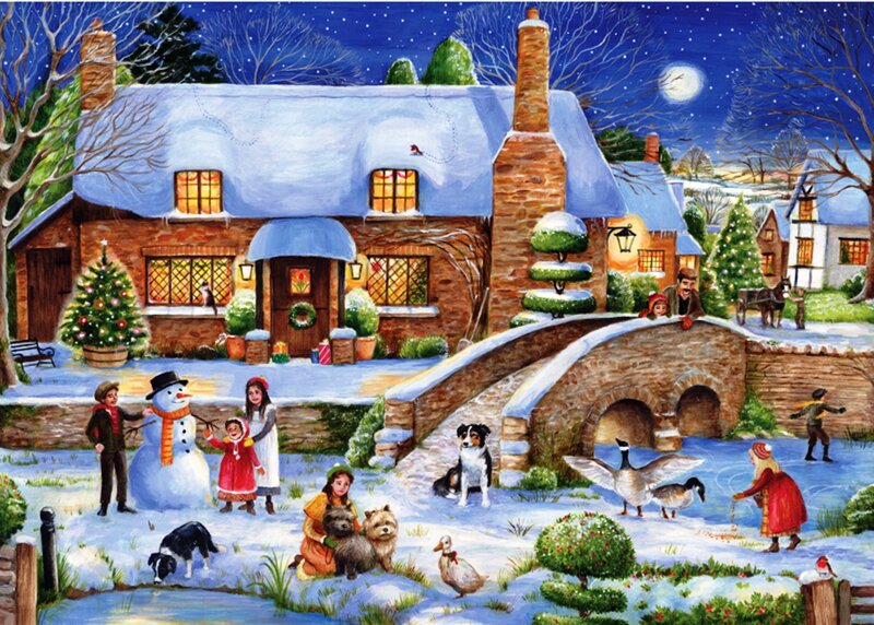 Children Building Snowman — Blue, Festive, Night