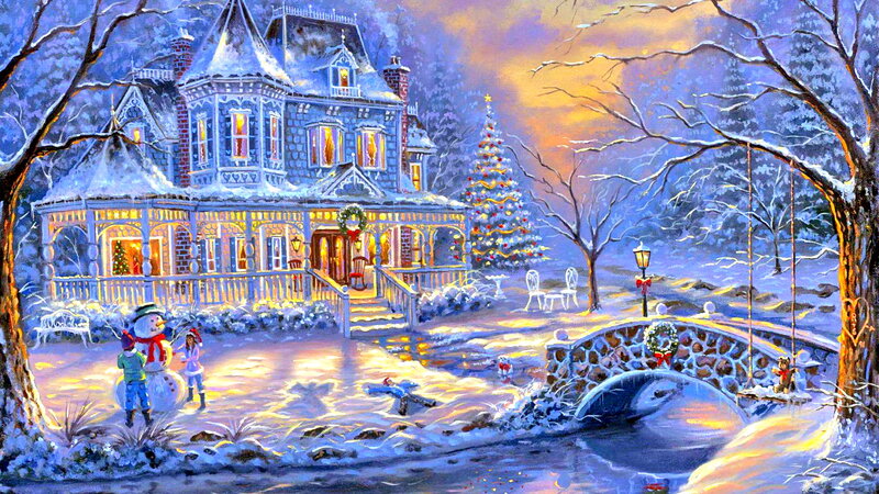 Children Building Snowman — Blue, Festive, Winter, Painting, Christmas Tree