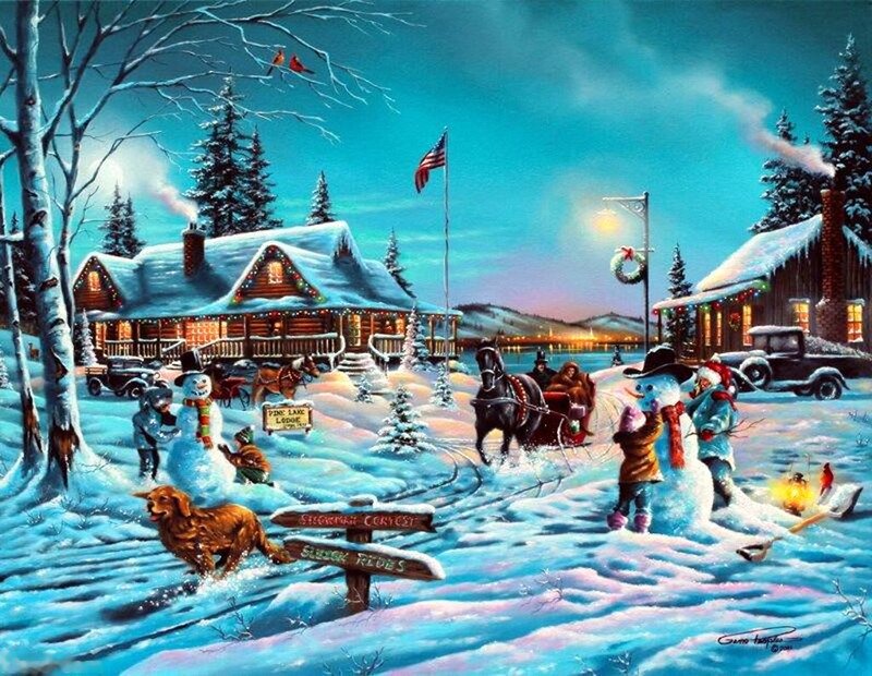 Children Building Snowman — Blue, Festive, Winter, Painting, Snow