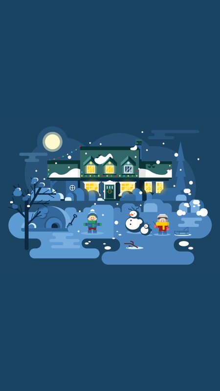 Children Building Snowman — Blue, Peaceful, Night, Illustration