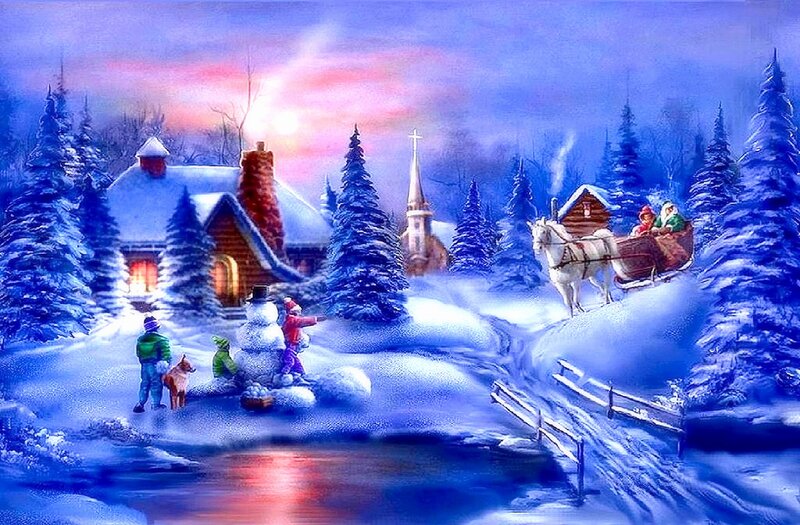 Children Building Snowman — Blue, Peaceful, Winter, Illustration