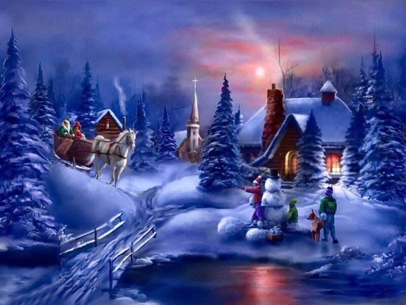 Children Building Snowman — Blue, Peaceful, Winter