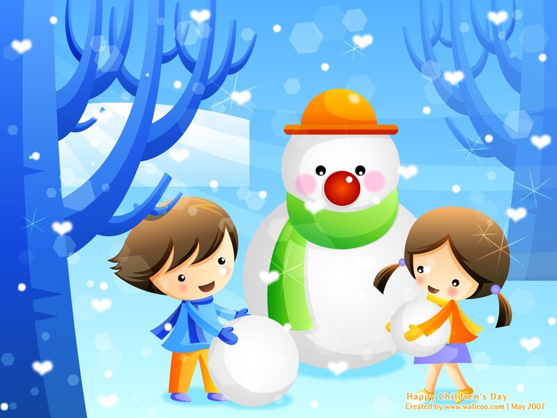 Children Building Snowman — Blue, Playful